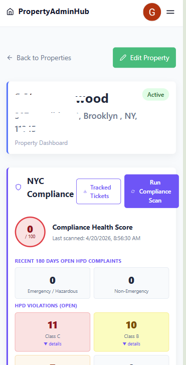 Property dashboard showing NYC Compliance section with health score and HPD violation counts