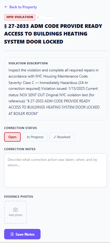 The violation tracking page with status buttons, correction notes area, and evidence photos section